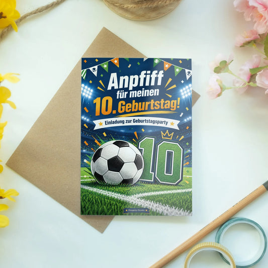 Sportliche Einladungskarten zum 10. Geburtstag mit Fußball|p:2013323|h:e85d80cde6952bc84034a653450b5553