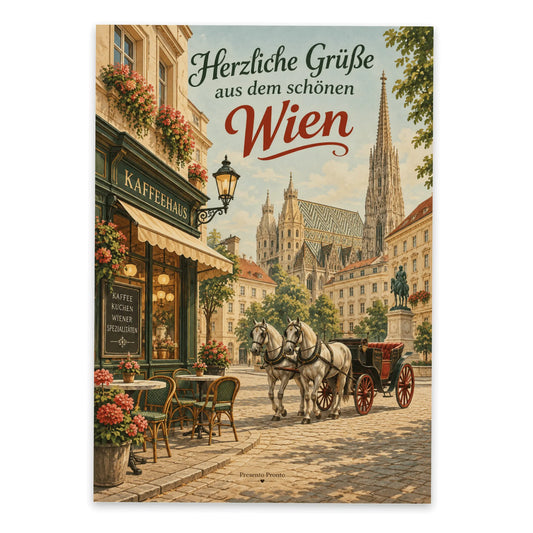 Herzliche Postkarte aus Wien mit Pferdekutsche und Stephansdom|p:2013335|h:fc8b9eb795df9d09afa0d6a7d4232240