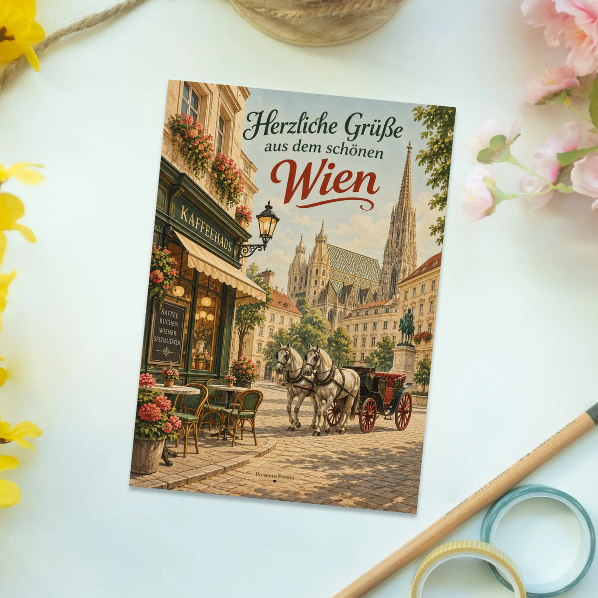 Herzliche Postkarte aus Wien mit Pferdekutsche und Stephansdom|p:2013335|h:2cb5fcf9524bd1fe8c4e645f21b83047