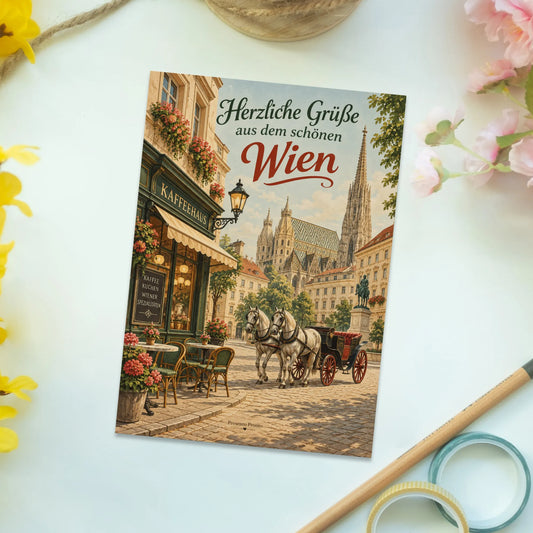 Herzliche Postkarte aus Wien mit Pferdekutsche und Stephansdom|p:2013335|h:2cb5fcf9524bd1fe8c4e645f21b83047