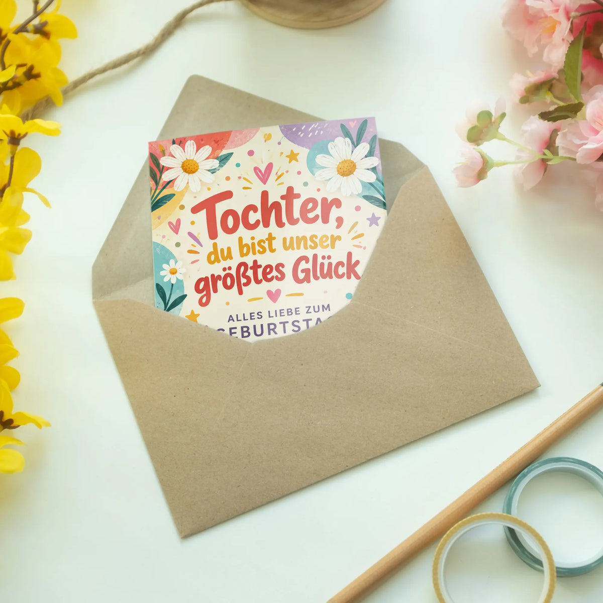 Fröhliche Geburtstagskarte für die Tochter mit Gänseblümchen|p:2013345|h:b4d9b59b0cf92358259d98158603c855