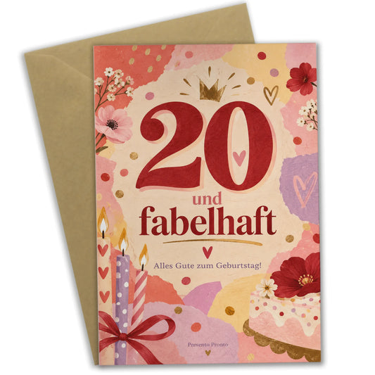 Farbenfrohe Geburtstagskarte zum 20. Geburtstag mit großer 20|p:2013357|h:195495428e69f37f12b424e3644ec816