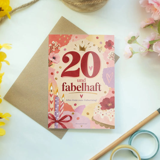 Farbenfrohe Geburtstagskarte zum 20. Geburtstag mit großer 20|p:2013357|h:668efd86a134ed3e686e99643b3e0065