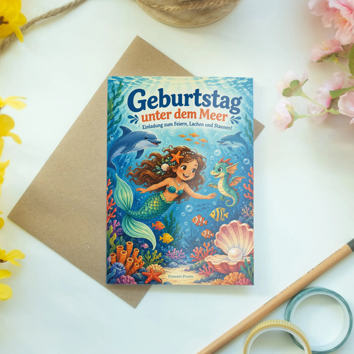 Fröhliche Einladungskarte mit Meerjungfrau für Kindergeburtstag|p:2013373|h:26ed8b00ece182b8ff539c1838ddcd70