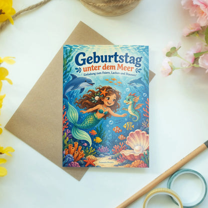 Fröhliche Einladungskarte mit Meerjungfrau für Kindergeburtstag|p:2013373|h:26ed8b00ece182b8ff539c1838ddcd70