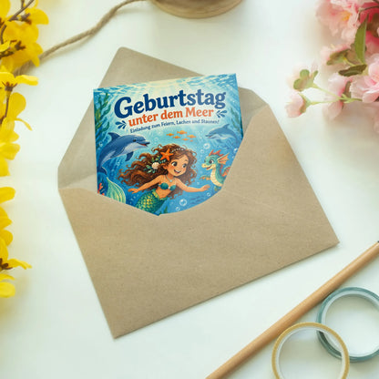 Fröhliche Einladungskarte mit Meerjungfrau für Kindergeburtstag|p:2013373|h:cddd35abc37c280aeb171f836746dc56