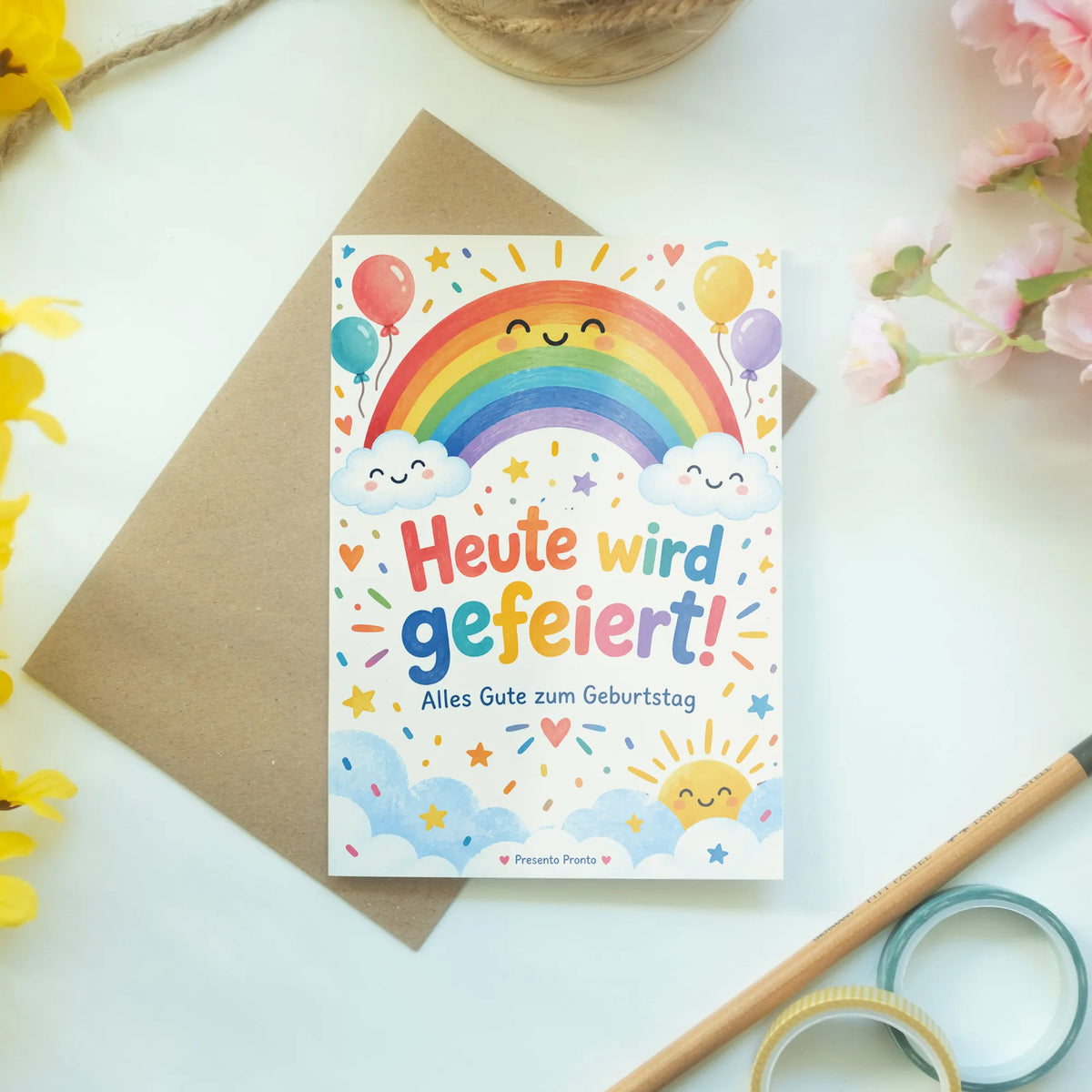 Fröhliche Einladungskarten mit Regenbogen zum Kindergeburtstag|p:2013381|h:a12f0559e192420224c31a160ff6a79e