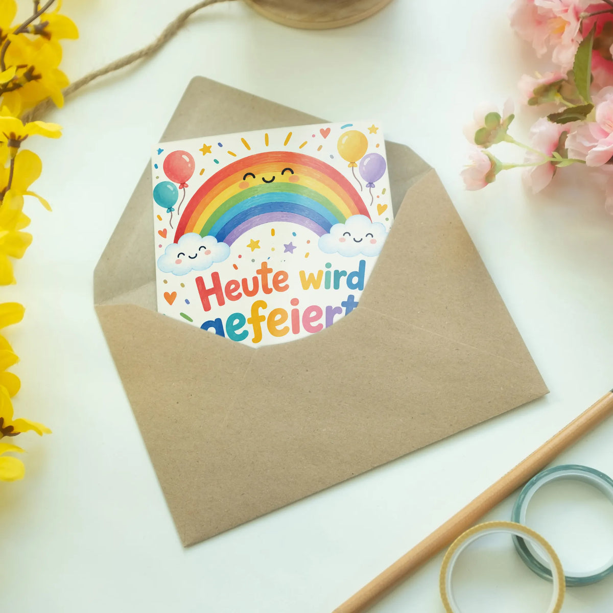 Fröhliche Einladungskarten mit Regenbogen zum Kindergeburtstag|p:2013381|h:b813a281cf4847d2a463503f938c9ed1