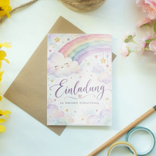 Süße Einladungskarten zum Geburtstag mit Aquarell-Regenbogen|p:2013383|h:0557d9d3d0d40f4480bdabe074f1d377
