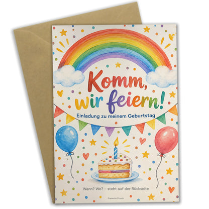 Fröhliche Einladungskarten mit Regenbogen für Kindergeburtstag|p:2013385|h:e52a2f29c5fe47e4d5d15de33757beb6