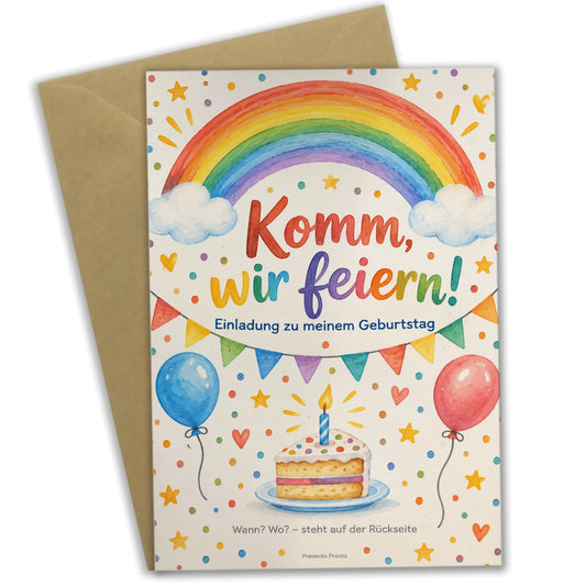 Fröhliche Einladungskarten mit Regenbogen für Kindergeburtstag|p:2013385|h:e52a2f29c5fe47e4d5d15de33757beb6