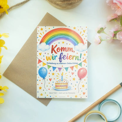 Fröhliche Einladungskarten mit Regenbogen für Kindergeburtstag|p:2013385|h:943bf64bb4b912bd43f789573fd5589a