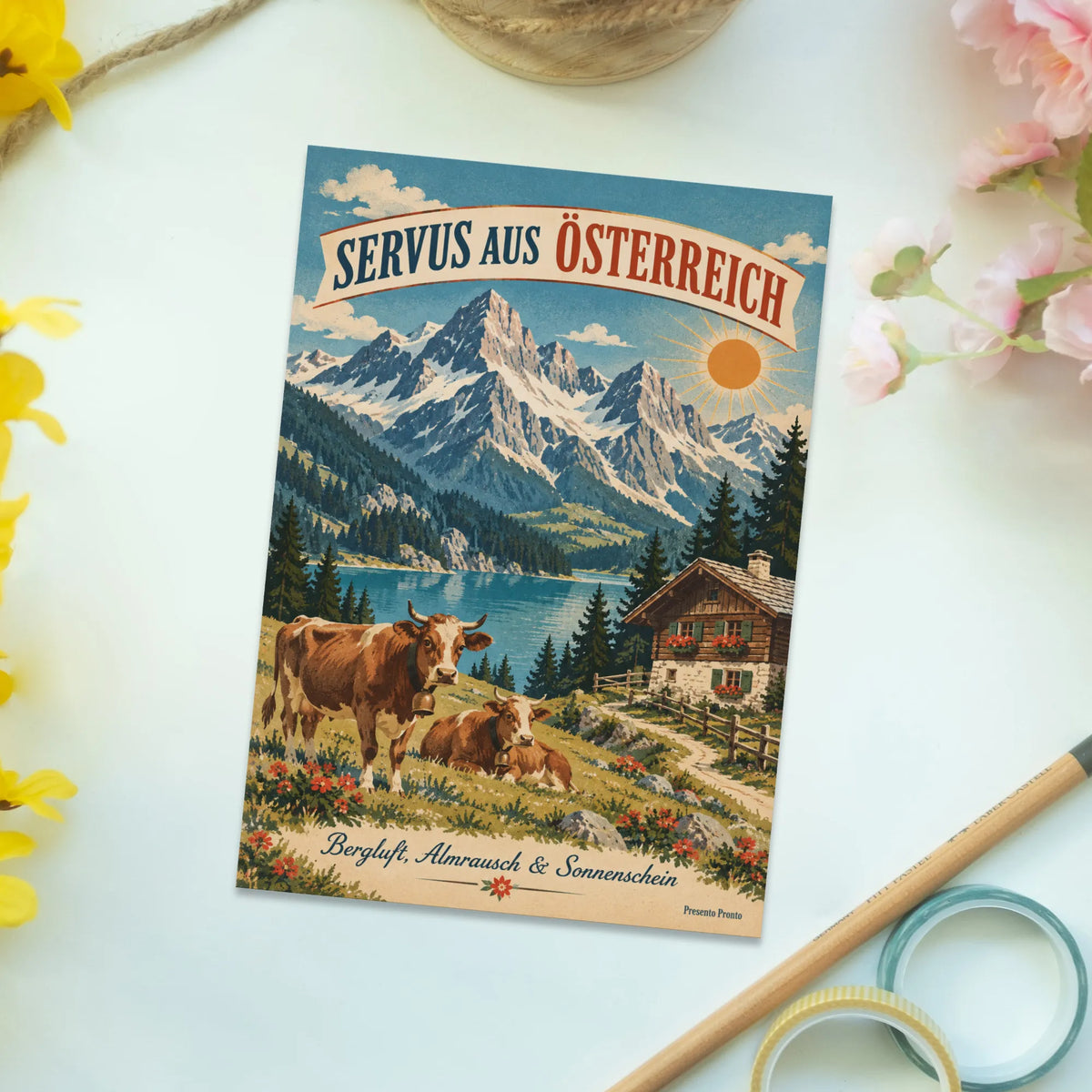 Herzliche Postkarte aus Österreich als Urlaubsgruß mit Alpenpanorama|p:2013392|h:d5830ad5b779725dbf12706f0a244cb8