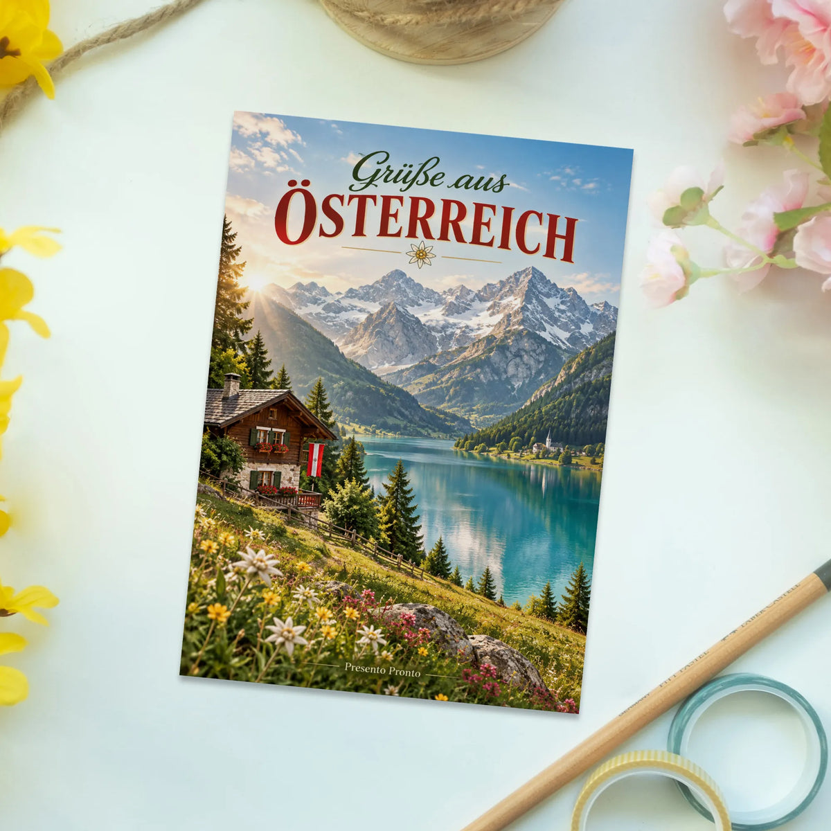 Herzliche Postkarte aus Österreich für Urlaubsgrüße mit Bergsee|p:2013395|h:9db7fbe67c01c898700439d1e2911c33