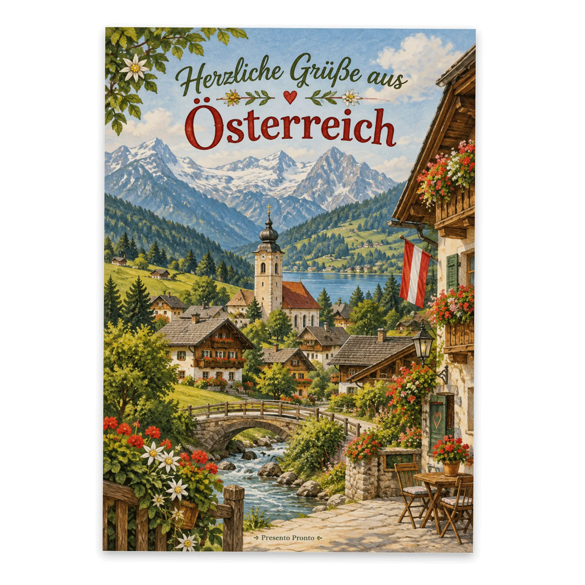 Herzliche Postkarte aus Österreich mit idyllischem Dorf|p:2013397|h:895c723272a2e098d810e53c0a4c9120