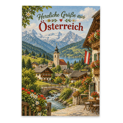 Herzliche Postkarte aus Österreich mit idyllischem Dorf|p:2013397|h:895c723272a2e098d810e53c0a4c9120