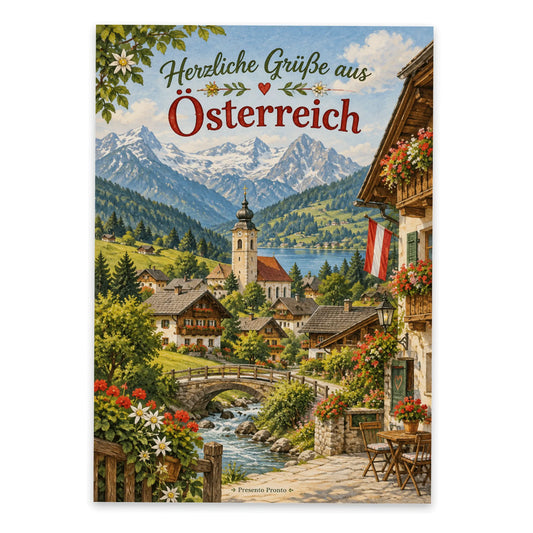 Herzliche Postkarte aus Österreich mit idyllischem Dorf|p:2013397|h:895c723272a2e098d810e53c0a4c9120