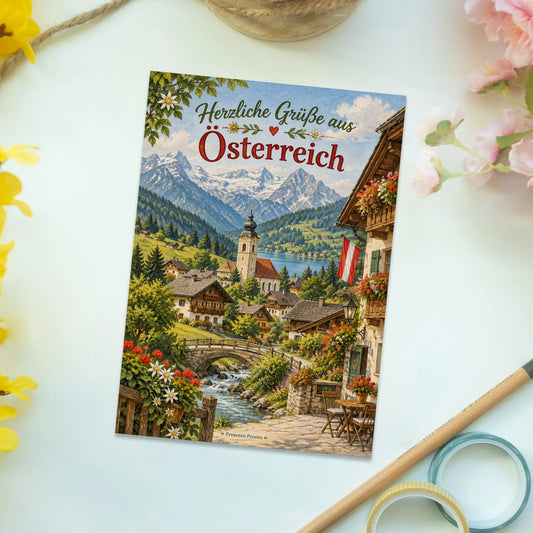 Herzliche Postkarte aus Österreich mit idyllischem Dorf|p:2013397|h:fd2de9f5603ce932f0a97a0d23ef0b9d