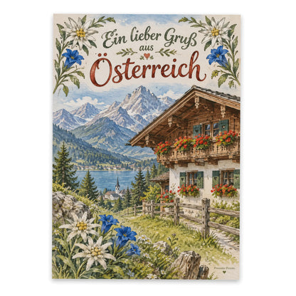 Herzliche Postkarte aus Österreich mit Almhütte|p:2013399|h:c3d24502e1ba5f1230cef078ee7ed003
