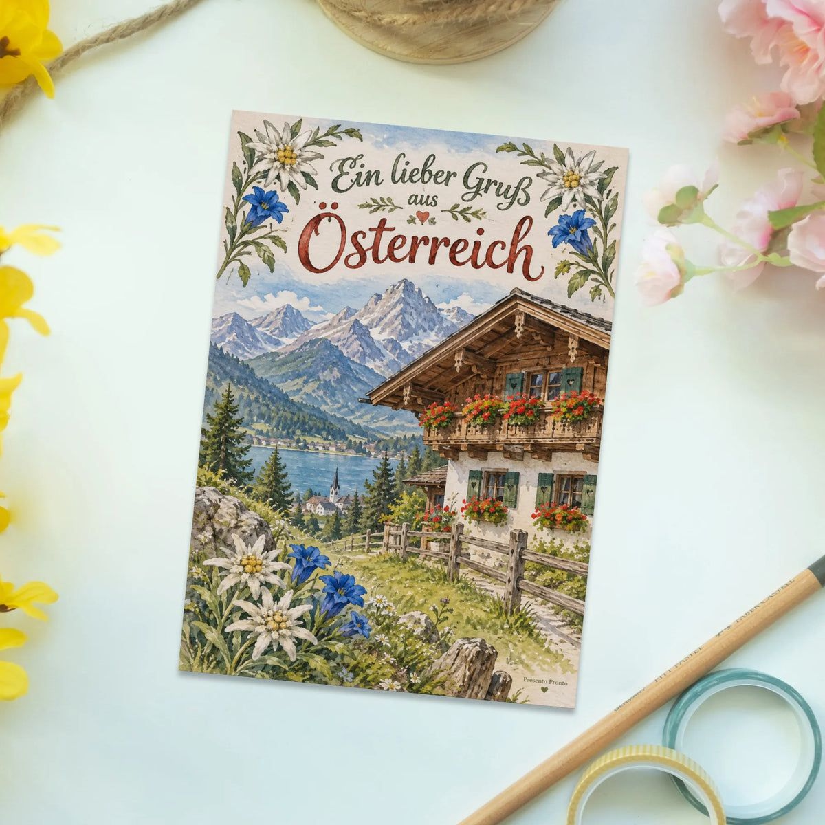 Herzliche Postkarte aus Österreich mit Almhütte|p:2013399|h:71127fdc693bede74a5991949446574f
