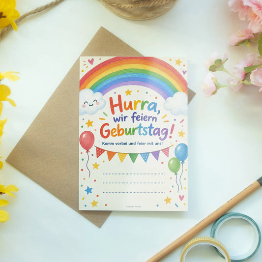 Fröhliche Einladungskarten mit Regenbogen zum Geburtstag|p:2013401|h:e5210a55b4d432496b9e6c85ed62aaad