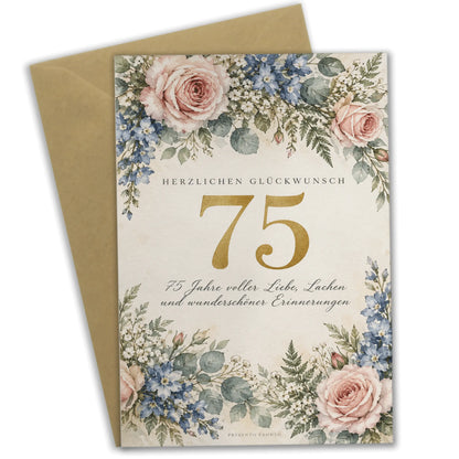 Elegante Geburtstagskarte zum 75. Geburtstag mit Blumengirlande|p:2013404|h:2b8c087f90b473e409f276bf9bf402e5