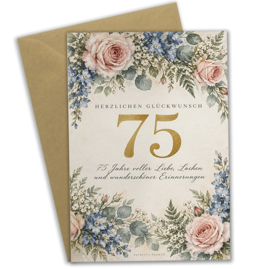 Elegante Geburtstagskarte zum 75. Geburtstag mit Blumengirlande|p:2013404|h:2b8c087f90b473e409f276bf9bf402e5