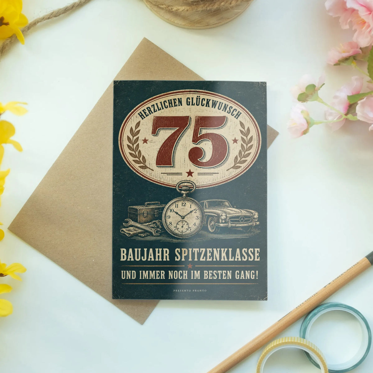 Lustige Geburtstagskarte zum 75. für Männer mit Oldtimer|p:2013405|h:55d5e84b1b71b502a000b4b58f02ae5b