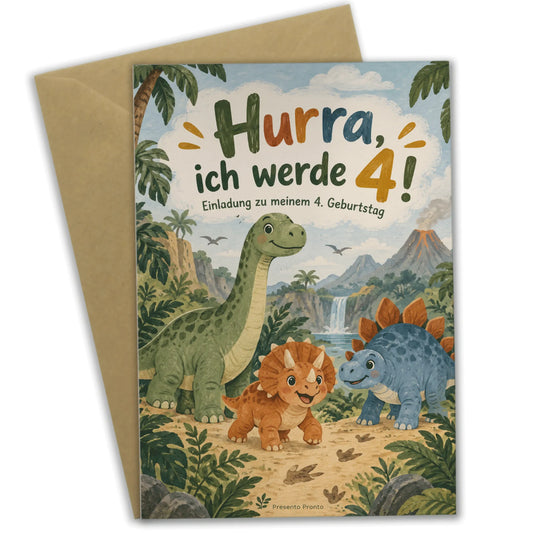 Lustige Einladungskarten zum 4. Geburtstag mit Dinosauriern|p:2013417|h:11cb329dbd5bbf50a6d1be612586add2