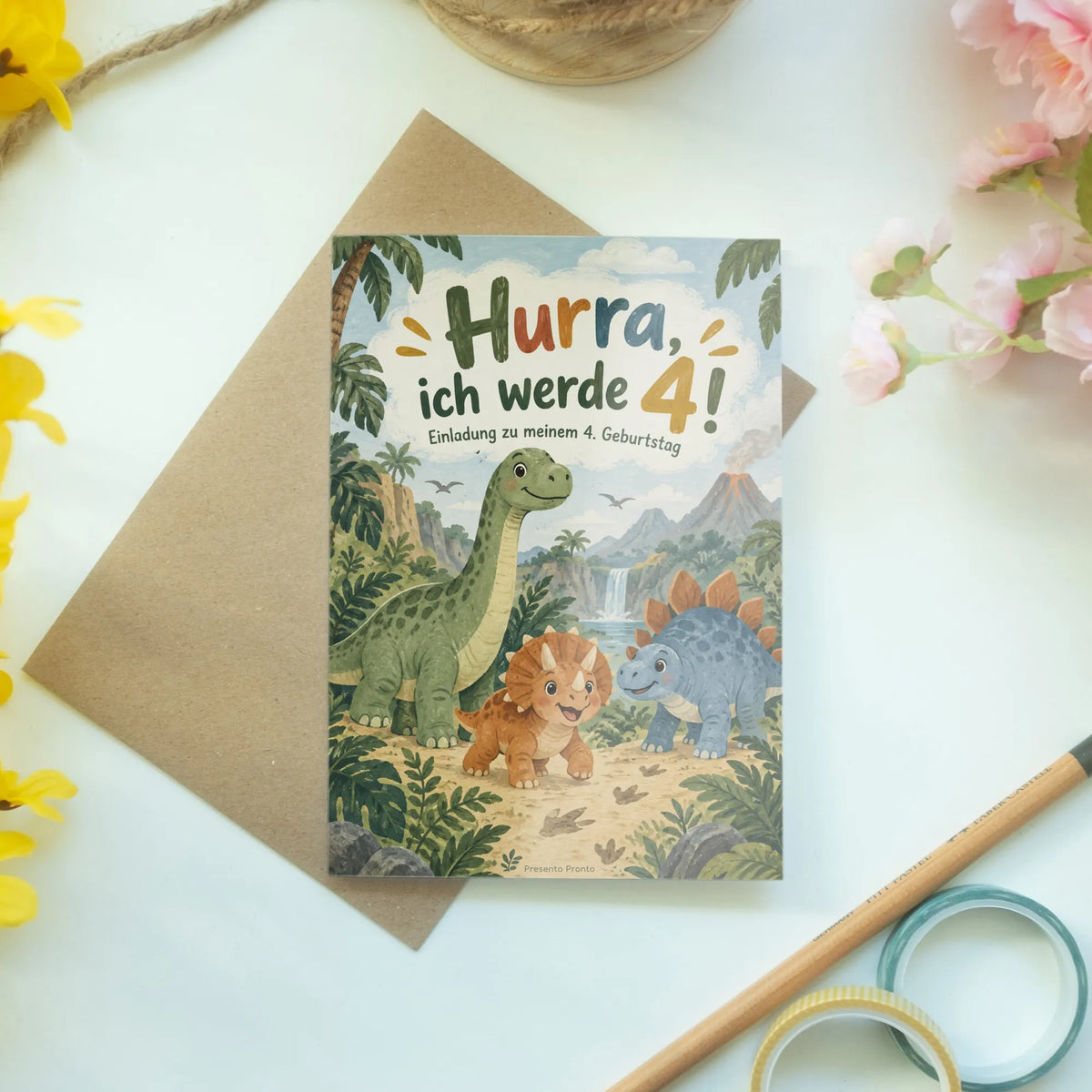 Lustige Einladungskarten zum 4. Geburtstag mit Dinosauriern|p:2013417|h:9a203ec3154bb8287536625ad5967b39