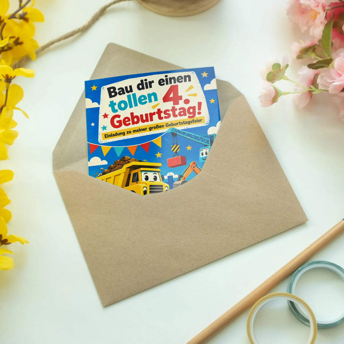 Lustige Einladungskarten zum 4. Geburtstag Baustellenfahrzeuge|p:2013419|h:70fddea2c451b47c5a09180cefa7a669