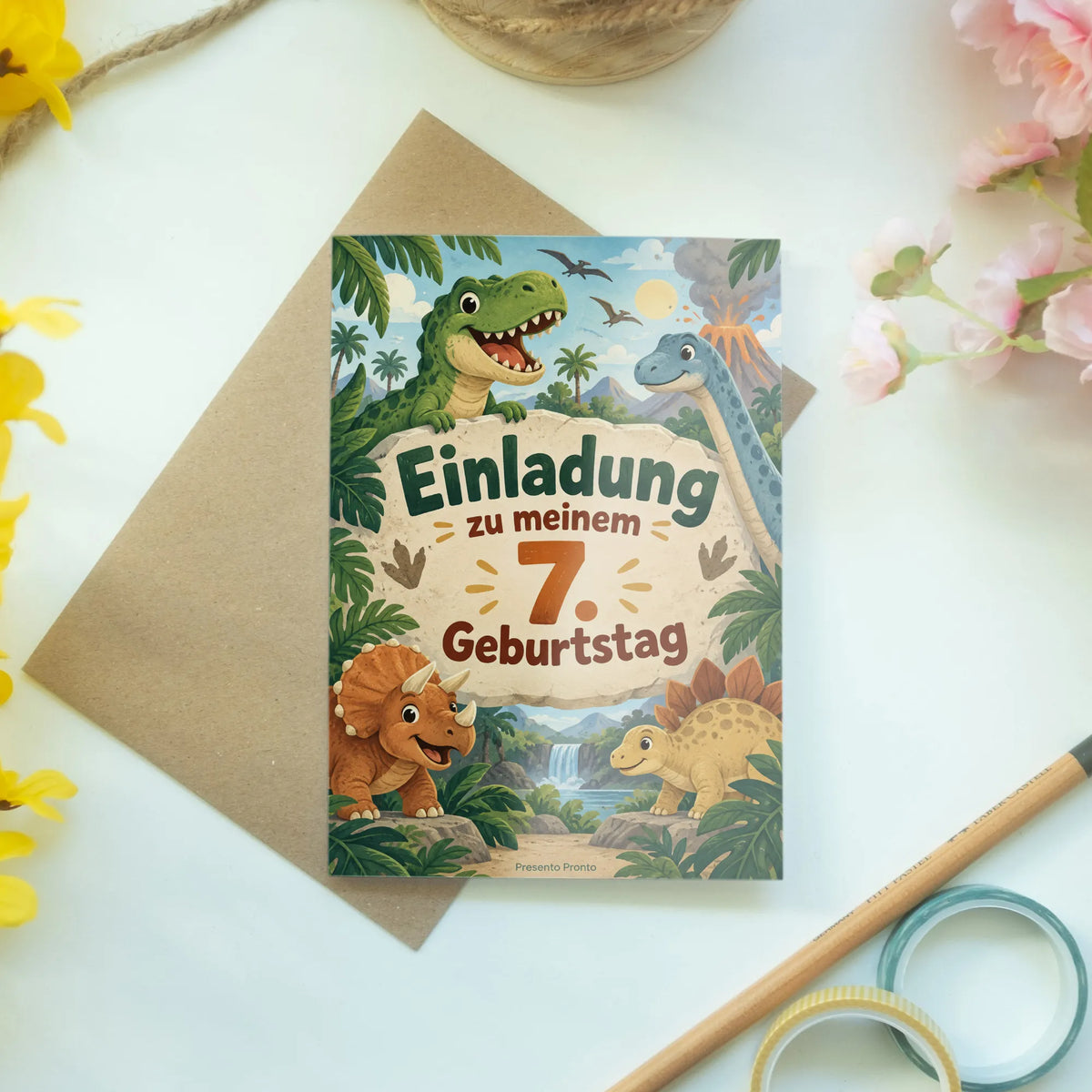 Abenteuerliche Einladungskarten zum 7. Geburtstag mit Dinosaurier|p:2013432|h:80e560c31b4074f12c5997e285ec18c7