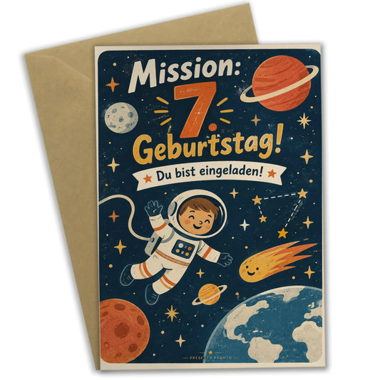 Coole Einladungskarten zum 7. Geburtstag mit Astronaut|p:2013434|h:089a6a9dd8a5be25bc79b51df18b9dae