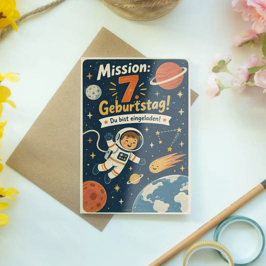 Coole Einladungskarten zum 7. Geburtstag mit Astronaut|p:2013434|h:ab5136ea435e909a6fcfd475c9272d6b