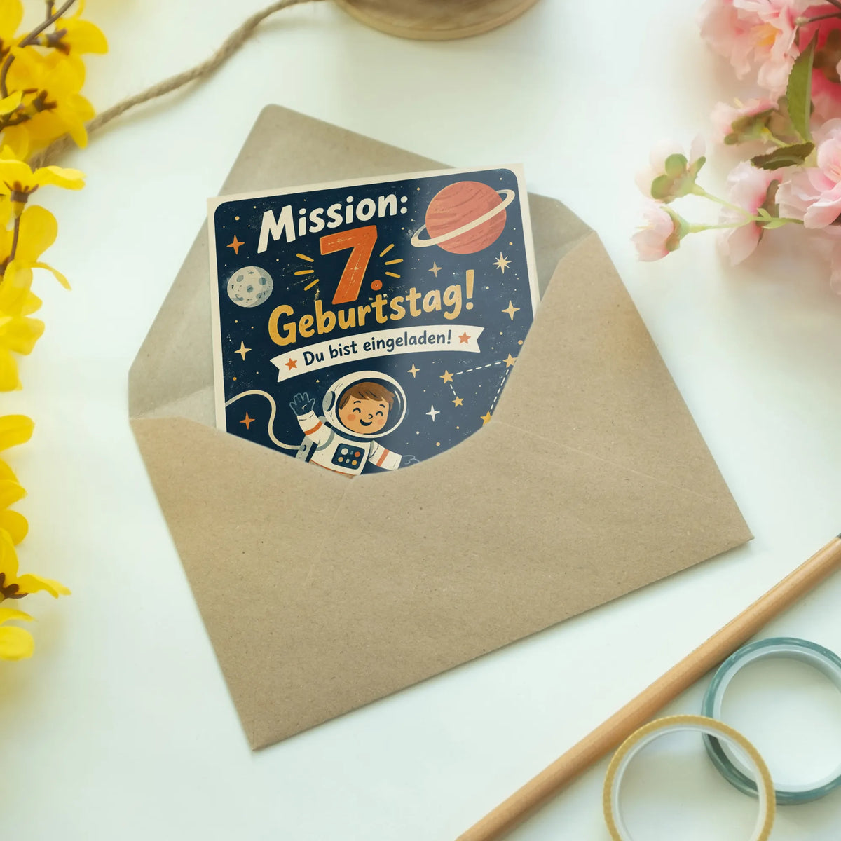 Coole Einladungskarten zum 7. Geburtstag mit Astronaut|p:2013434|h:c41631772dbfce3c2a30cfc0166c28ba