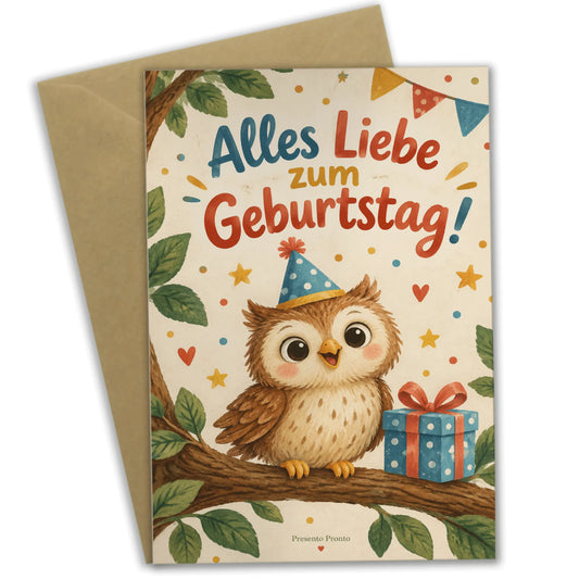 Fröhliche Geburtstagskarte mit Eule im Partyhut|p:2013435|h:0a901f09e8ee39f34228cc566fcdc484