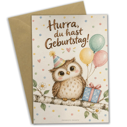 Fröhliche Geburtstagskarte mit Eule im Partyhut|p:2013436|h:bfbeeee12529eb1ee0deea1b1cd65a00