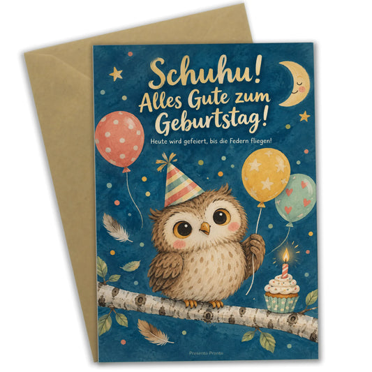 Lustige Geburtstagskarte mit Baby-Eule im Partyhut|p:2013441|h:f64c7eb9b016f46d4a0abbb8c4fec515