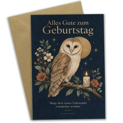 Elegante Geburtstagskarte mit Eule und Kerze|p:2013443|h:d616507640d47c295dbd4d56440851e8