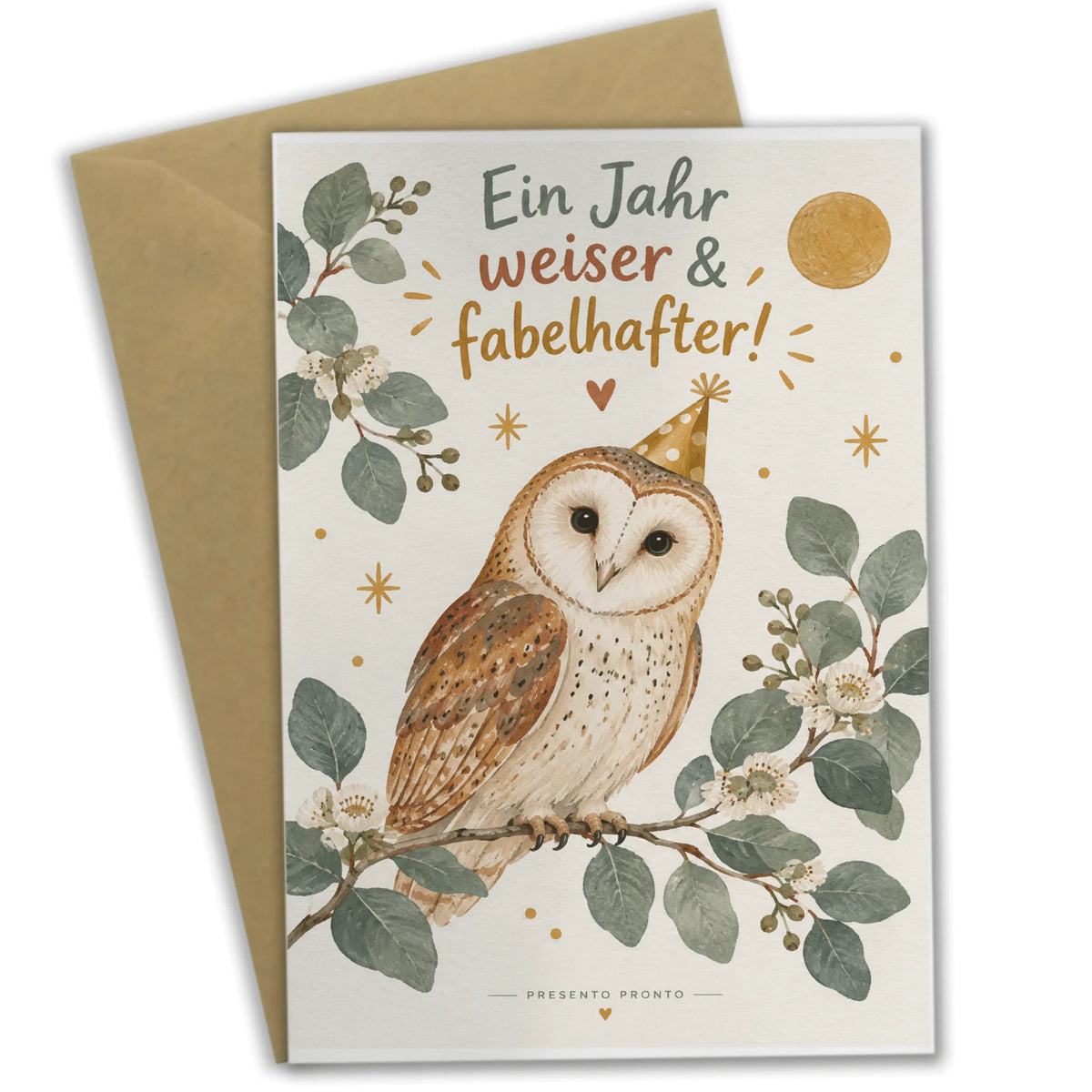 Humorvolle Geburtstagskarte mit Eule im goldenen Partyhut|p:2013447|h:3f403400998c68fad05c241a984eeea7