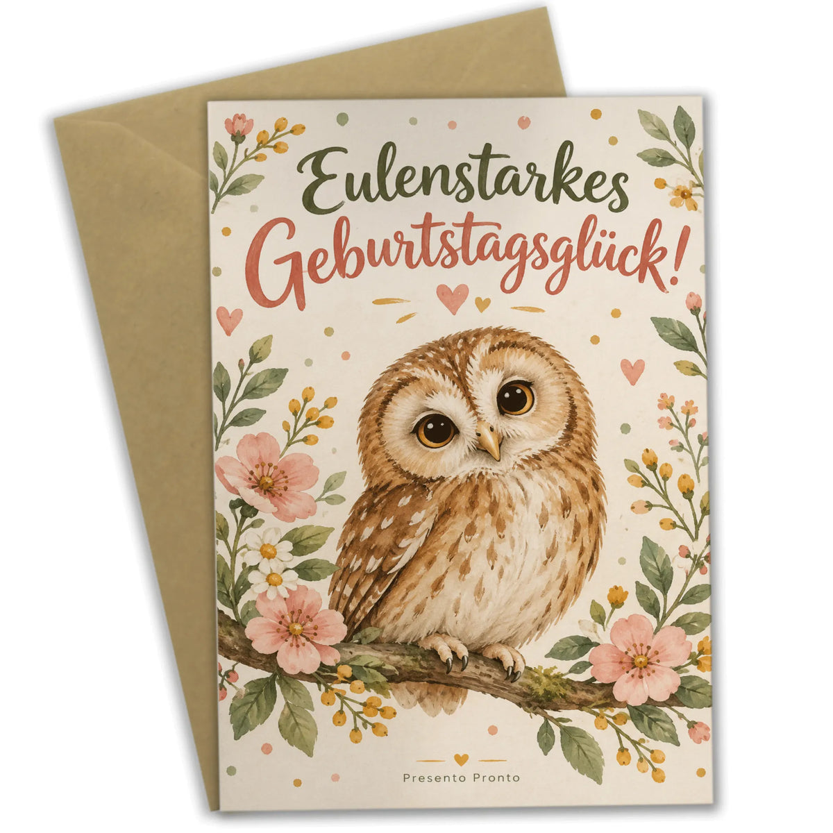 Liebevolle Geburtstagskarte mit Eule auf Blütenast|p:2013449|h:c600f634d2c7459abbc61ca03543bbc6