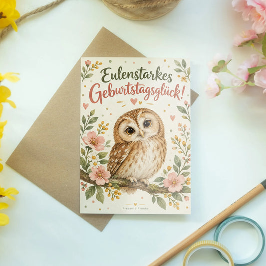 Liebevolle Geburtstagskarte mit Eule auf Blütenast|p:2013449|h:eef892347e45a3a4e9b8cc39b4981059