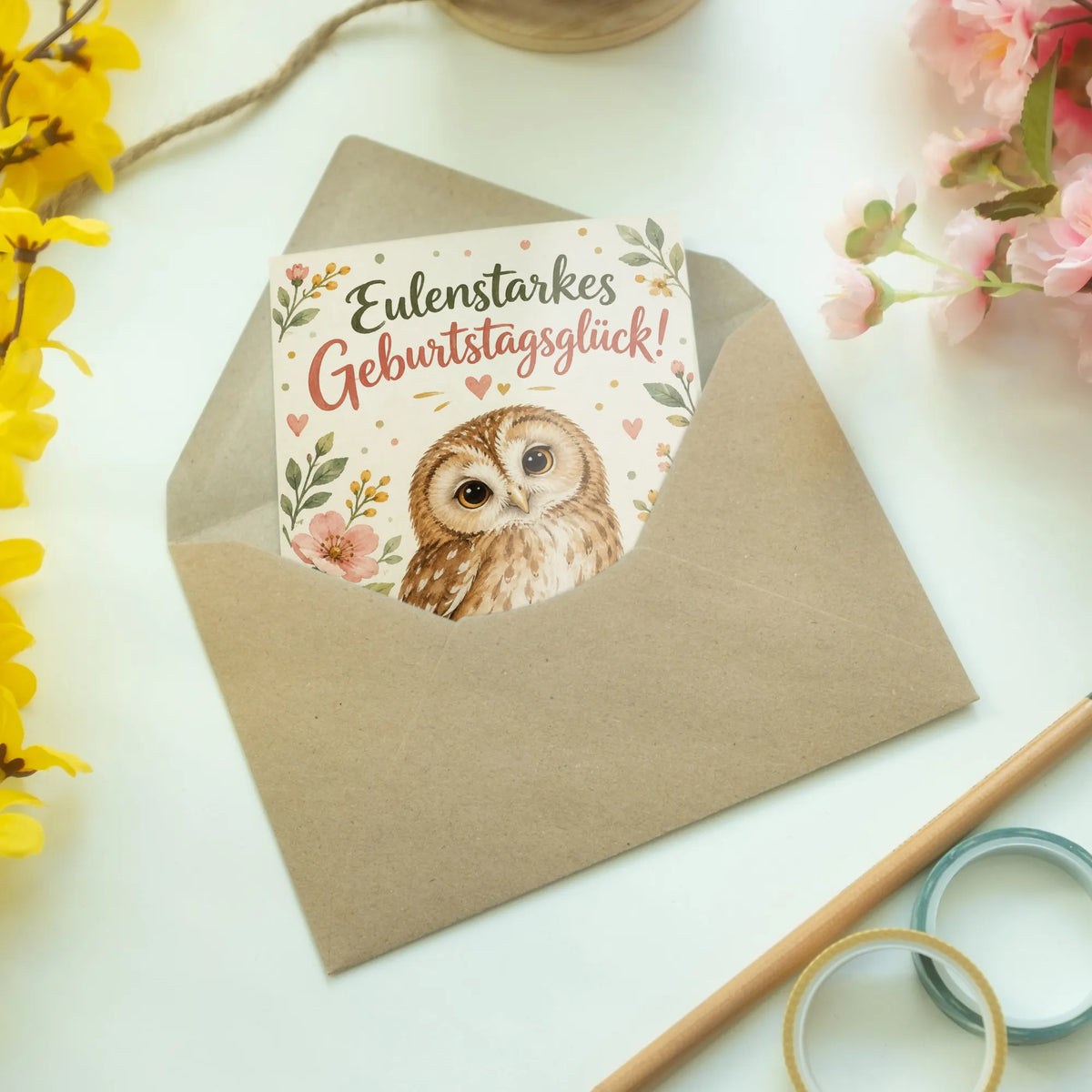 Liebevolle Geburtstagskarte mit Eule auf Blütenast|p:2013449|h:b431c1b913392cf74110f4171ae0d032