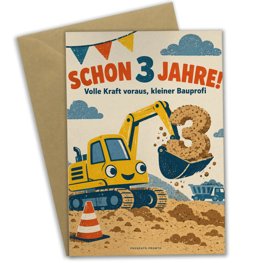 Coole Geburtstagskarte zum 3. Geburtstag mit gelbem Bagger|p:2013502|h:89a75702513ab11df5ac246975499d43