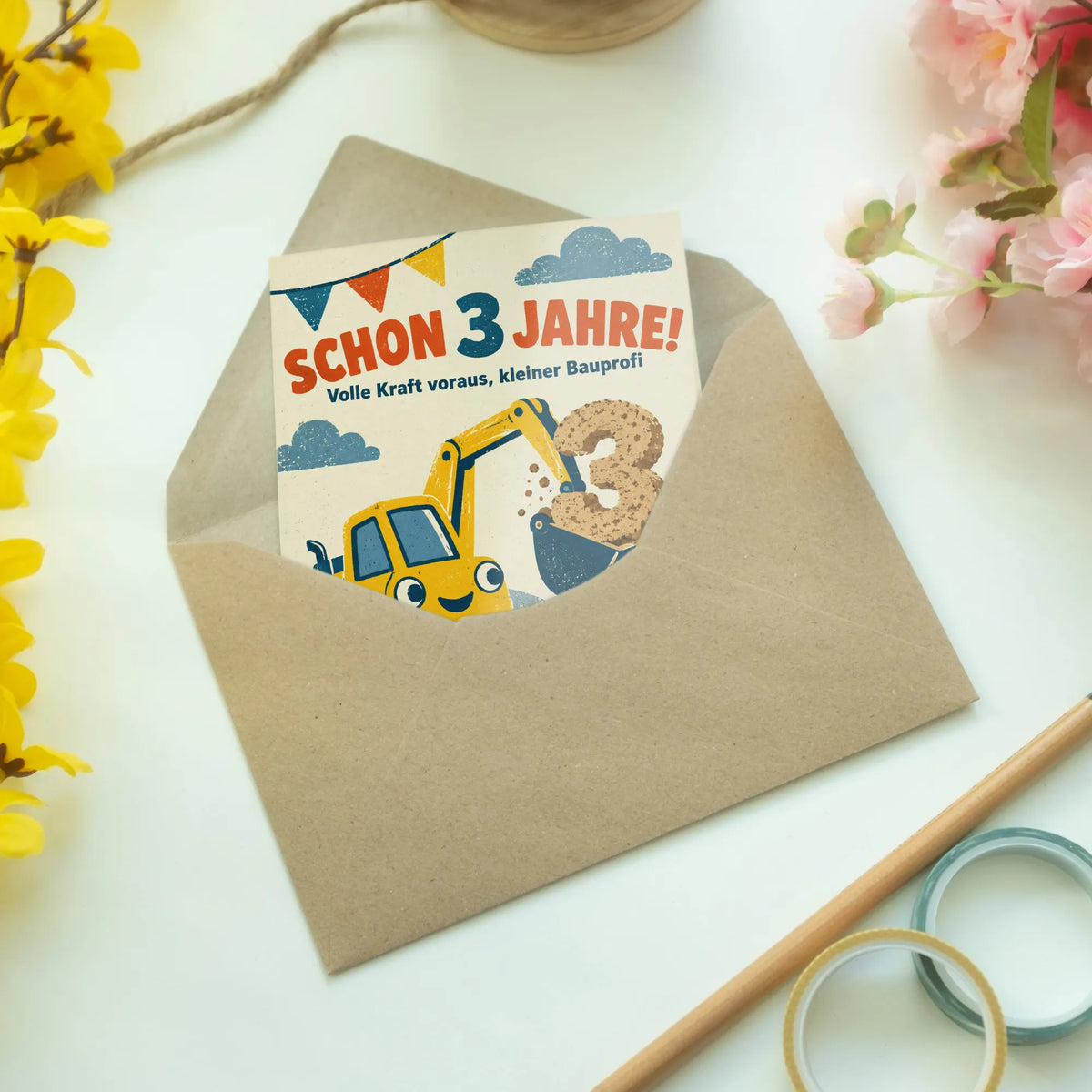 Coole Geburtstagskarte zum 3. Geburtstag mit gelbem Bagger|p:2013502|h:006ddd30b721174c94069807ab6f9a26