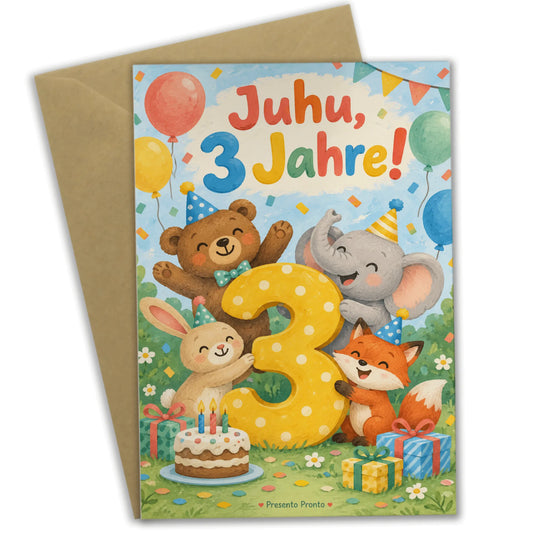 Fröhliche Geburtstagskarte zum 3. Geburtstag mit Tieren und Ballons|p:2013503|h:6a884a06bac585063266600794c91c6c
