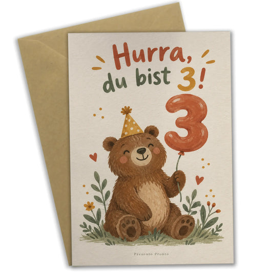 Süße Geburtstagskarte zum 3. Geburtstag mit Bär und Luftballon|p:2013505|h:5d6b21eefe63c347400c3fcf05e87eab