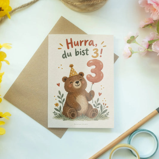 Süße Geburtstagskarte zum 3. Geburtstag mit Bär und Luftballon|p:2013505|h:83f2aefbd759b9f95352d436679a4047