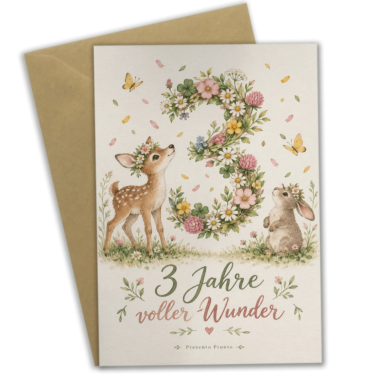 Süße Geburtstagskarte zum 3. Geburtstag mit Rehkitz und Hase|p:2013507|h:f4f835e68915a2df2b476fedde47ee89