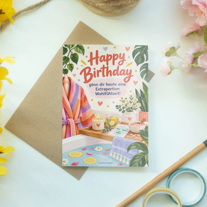 Fröhliche Geburtstagskarte für Wellnessfans mit Bademantel|p:2013513|h:19a28974a859b0154965a7ad7e150ea5